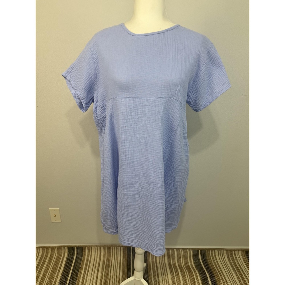 Bryn Walker Dress Women's XXS Blue Cotton Gauze Short Sleeve Shift Pockets